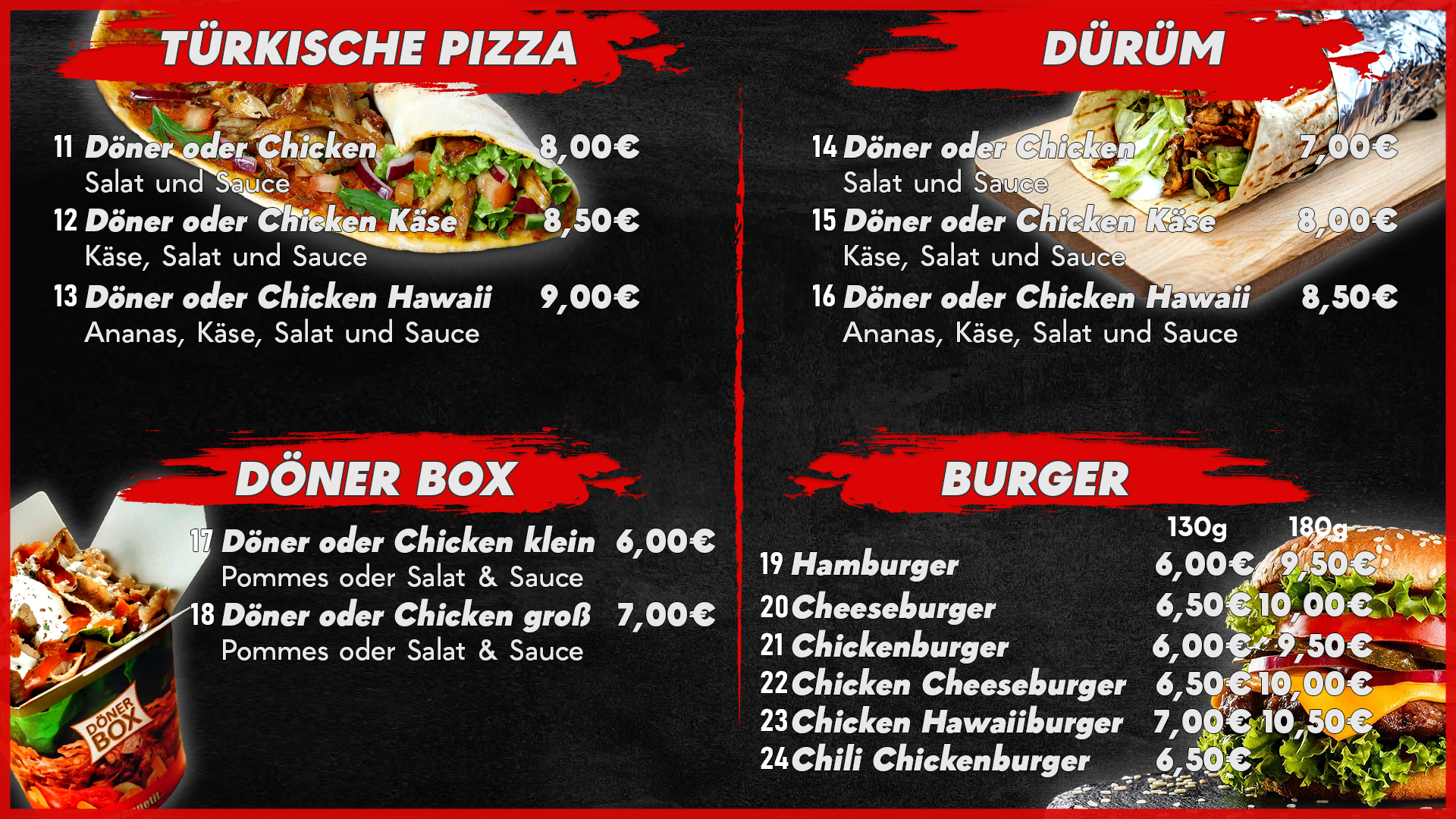 Dürum, Türkische Pizza, Döner Box, Hamburger